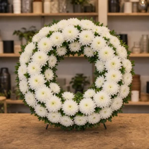 Aranjament floral funerar coroana rotunda din crizanteme albe - poza 1