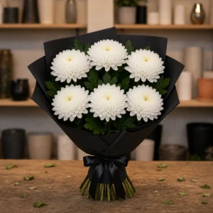 Aranjament floral funerar cu crizanteme albe si verdeata - poza 2