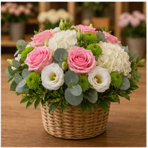 Aranjament floral in cos cu trandafiri si lisianthus - poza 2