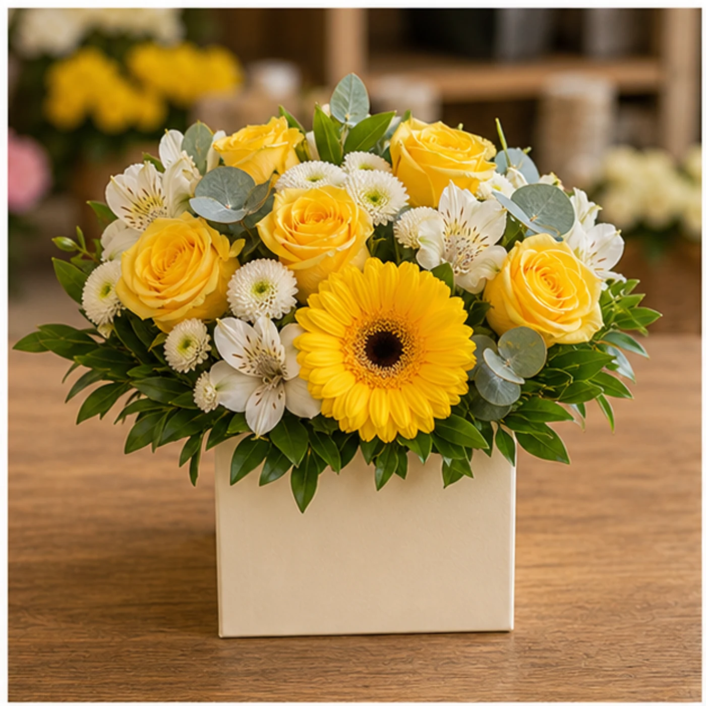 Aranjament floral luminos cu trandafiri galbeni - poza 1