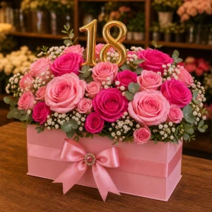 Aranjament floral majorat 18 ani in cutie roz - poza 2