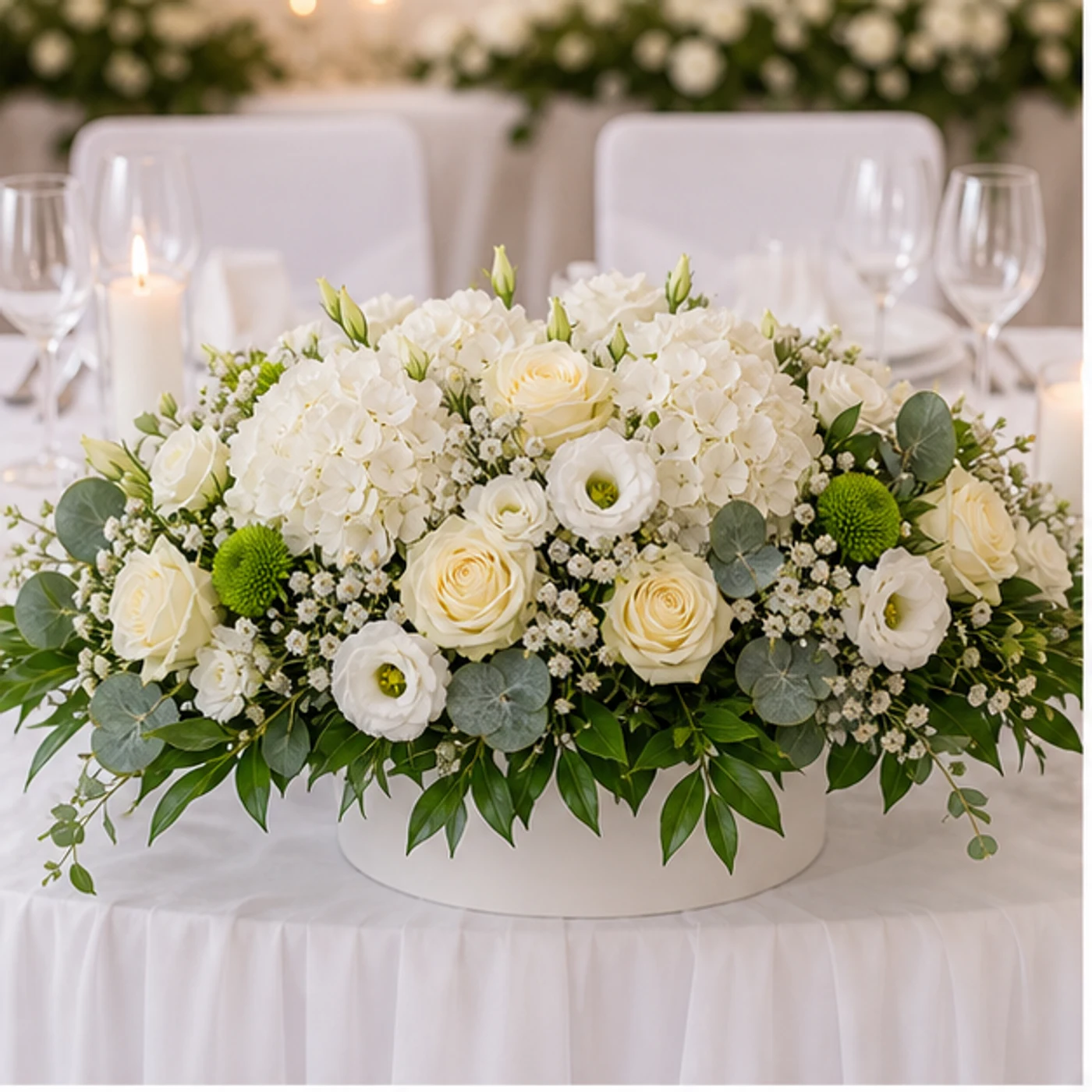 Aranjament floral nunta alb crem pentru masa mirilor - poza 1