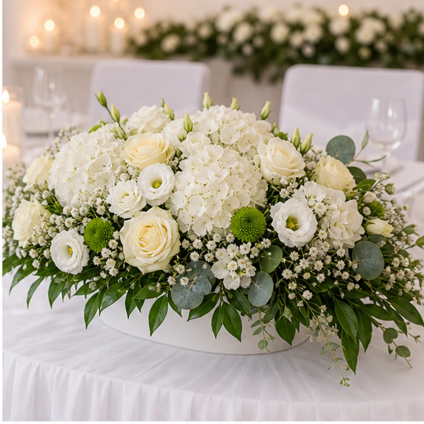 Aranjament floral nunta alb crem pentru masa mirilor - poza 2