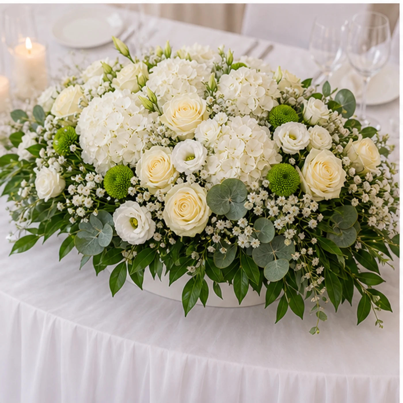 Aranjament floral nunta alb crem pentru masa mirilor - poza 3
