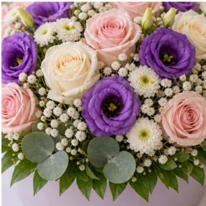 Aranjament floral nunta cu trandafiri si eustoma mov - poza 4