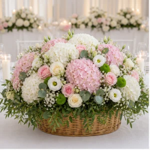 Aranjament floral nunta premium alb roz pentru masa mirilor - poza 1