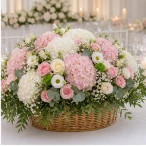 Aranjament floral nunta premium alb roz pentru masa mirilor - poza 2