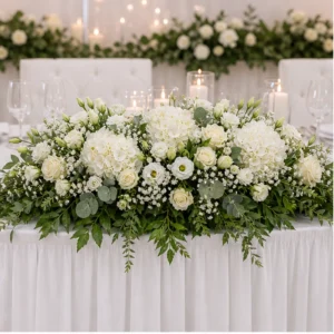 Aranjament floral nunta prezidiu alb verde cu hortensie - poza 1