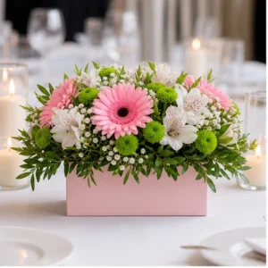 Aranjament floral nunta roz cu gerbera si santini - poza 1