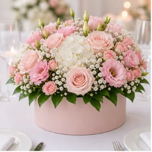 Aranjament floral nunta roz pudrat in cutie rotunda - poza 1
