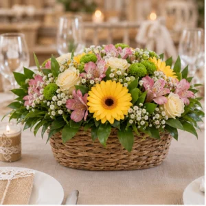 Aranjament floral nunta rustic in cos cu gerbera - poza 1