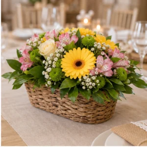 Aranjament floral nunta rustic in cos cu gerbera - poza 2