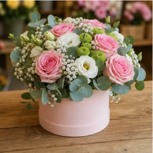Aranjament floral pastel cu trandafiri si lisianthus - poza 3