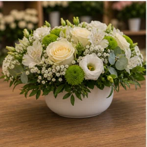 Aranjament floral pentru botez alb crem cu eustoma - poza 3