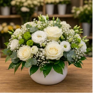 Aranjament floral pentru botez alb verde cu trandafiri - poza 1
