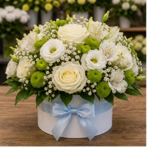 Aranjament floral pentru botez baietel alb si bleu - poza 1
