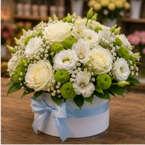 Aranjament floral pentru botez baietel alb si bleu - poza 2