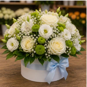 Aranjament floral pentru botez baietel alb si bleu - poza 3