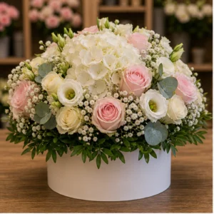 Aranjament floral pentru botez cu hortensie alba si trandafiri - poza 1