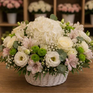 Aranjament floral pentru botez elegant in cos alb - poza 1