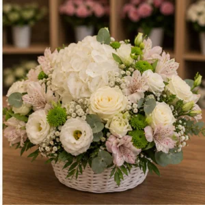 Aranjament floral pentru botez elegant in cos alb - poza 2