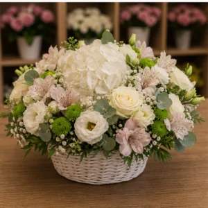 Aranjament floral pentru botez elegant in cos alb - poza 3