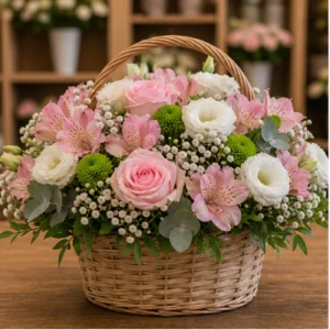 Aranjament floral pentru botez in cos cu lisianthus si trandafiri - poza 1