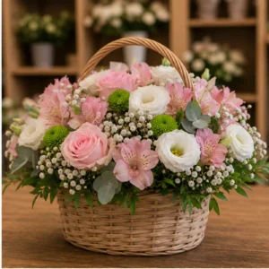 Aranjament floral pentru botez in cos cu lisianthus si trandafiri - poza 2