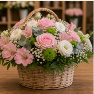 Aranjament floral pentru botez in cos cu lisianthus si trandafiri - poza 3