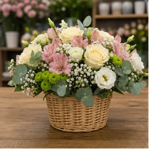 Aranjament floral pentru botez in cos mic cu flori pastel - poza 1
