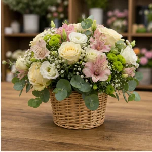 Aranjament floral pentru botez in cos mic cu flori pastel - poza 2
