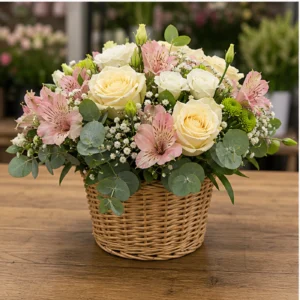 Aranjament floral pentru botez in cos mic cu flori pastel - poza 3