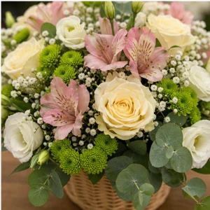 Aranjament floral pentru botez in cos mic cu flori pastel - poza 4