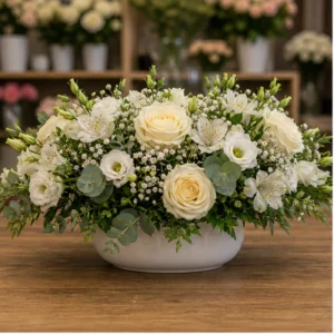 Aranjament floral pentru botez la cristelnita alb crem - poza 1
