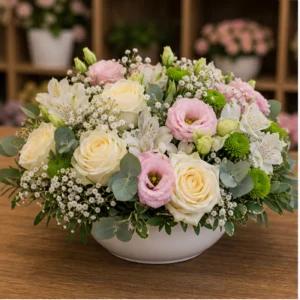 Aranjament floral pentru botez masa invitati cu flori pastel - poza 1