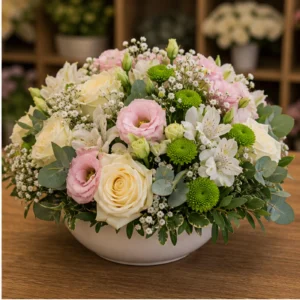 Aranjament floral pentru botez masa invitati cu flori pastel - poza 2