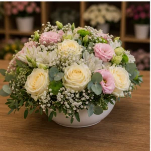 Aranjament floral pentru botez masa invitati cu flori pastel - poza 3