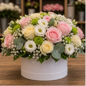 Aranjament floral pentru botez pastel in cutie rotunda - poza 1