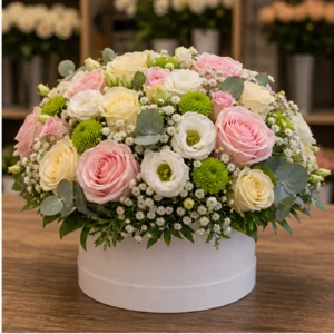 Aranjament floral pentru botez pastel in cutie rotunda - poza 2