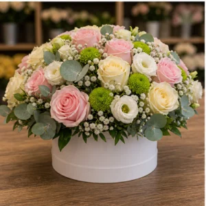 Aranjament floral pentru botez pastel in cutie rotunda - poza 3