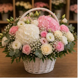 Aranjament floral pentru botez premium alb roz cu hortensie - poza 1