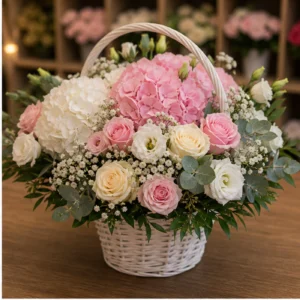 Aranjament floral pentru botez premium alb roz cu hortensie - poza 2