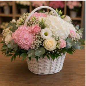 Aranjament floral pentru botez premium alb roz cu hortensie - poza 3