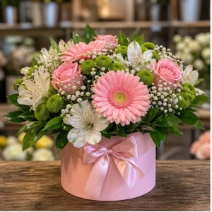 Aranjament floral pentru botez roz cu gerbera si santini - poza 1