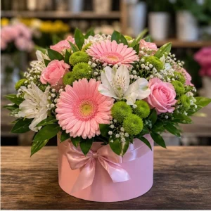 Aranjament floral pentru botez roz cu gerbera si santini - poza 2