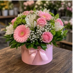 Aranjament floral pentru botez roz cu gerbera si santini - poza 3
