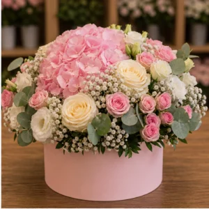 Aranjament floral pentru botez roz cu hortensie si miniroze - poza 2