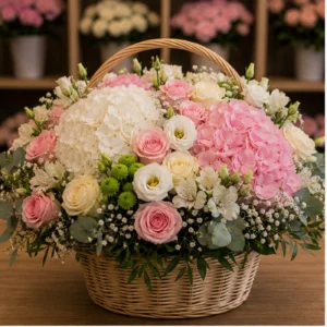 Aranjament floral pentru botez spectaculos in cos cu flori mixte - poza 1