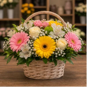 Aranjament floral pentru botez vesel cu gerbera multicolor - poza 1