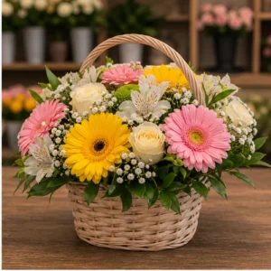Aranjament floral pentru botez vesel cu gerbera multicolor - poza 2